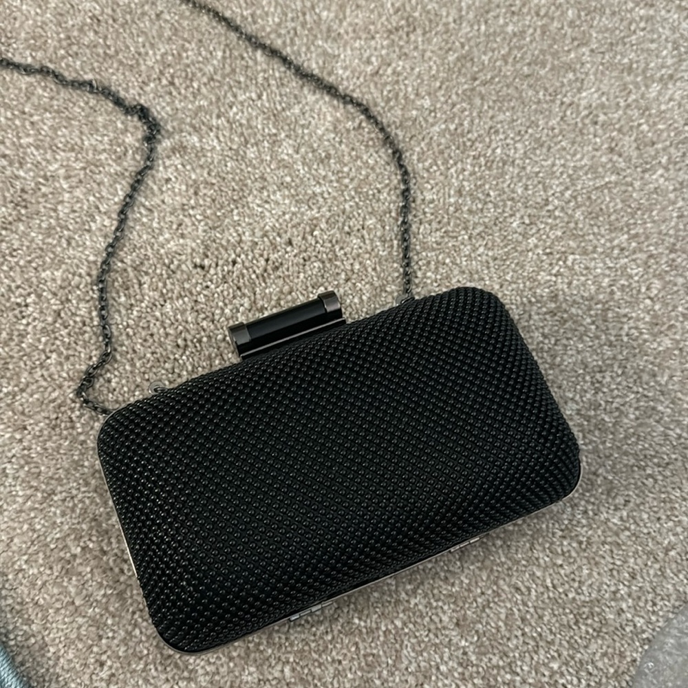 Jessica McClintock black beaded clamshell bag